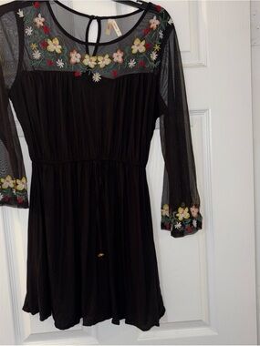 True Destiny Black Mesh Floral Embroidered Women’s mini  Dress